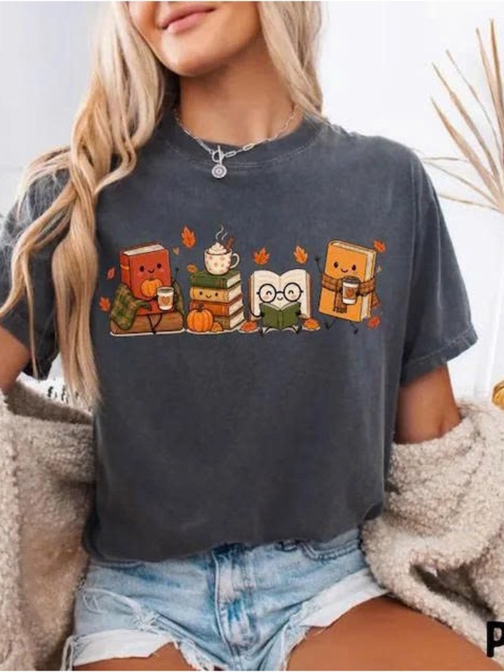 Cozy Charcoal Autumn Bookshelf Pet Tee